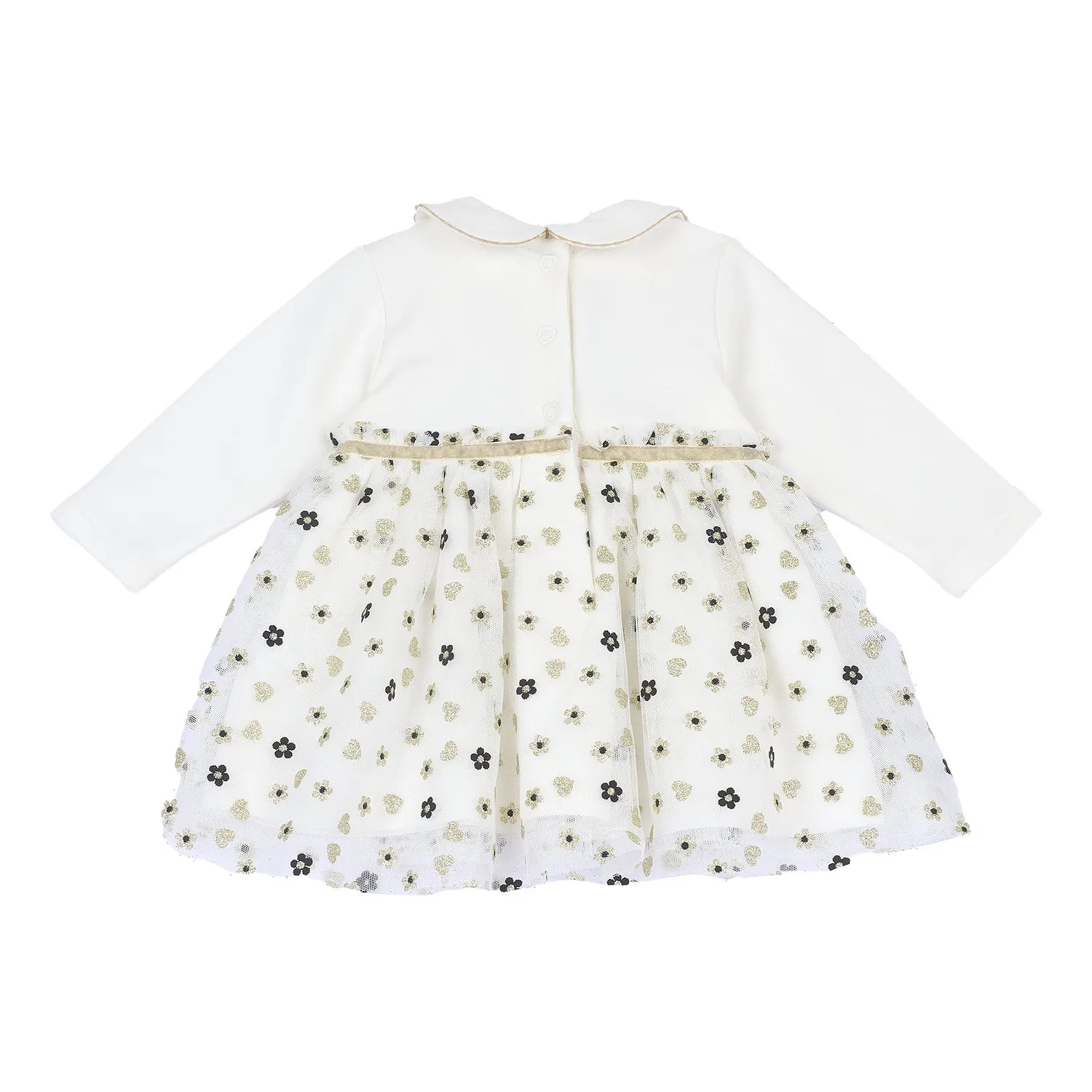 Girls White & Cream Printed Long Sleeve Dress