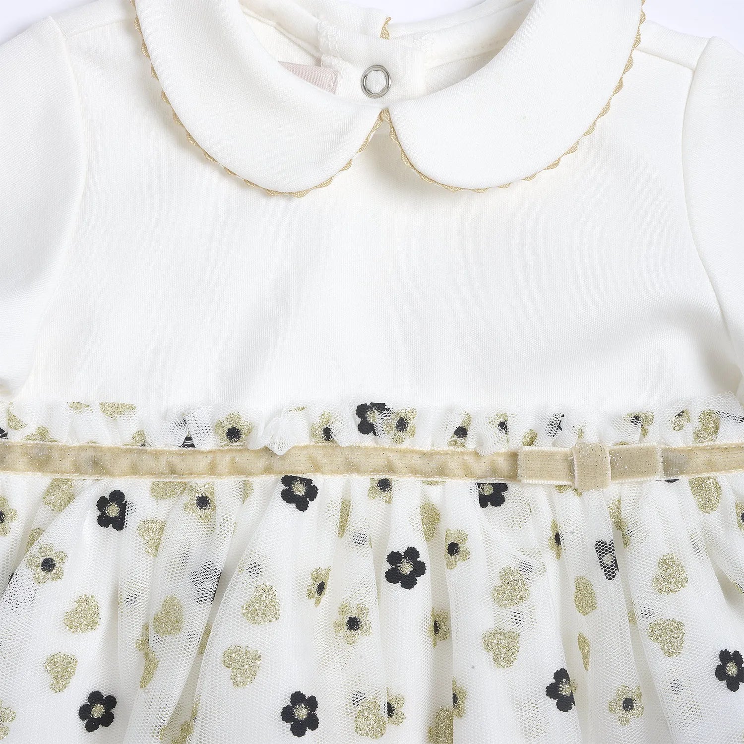 Girls White & Cream Printed Long Sleeve Dress