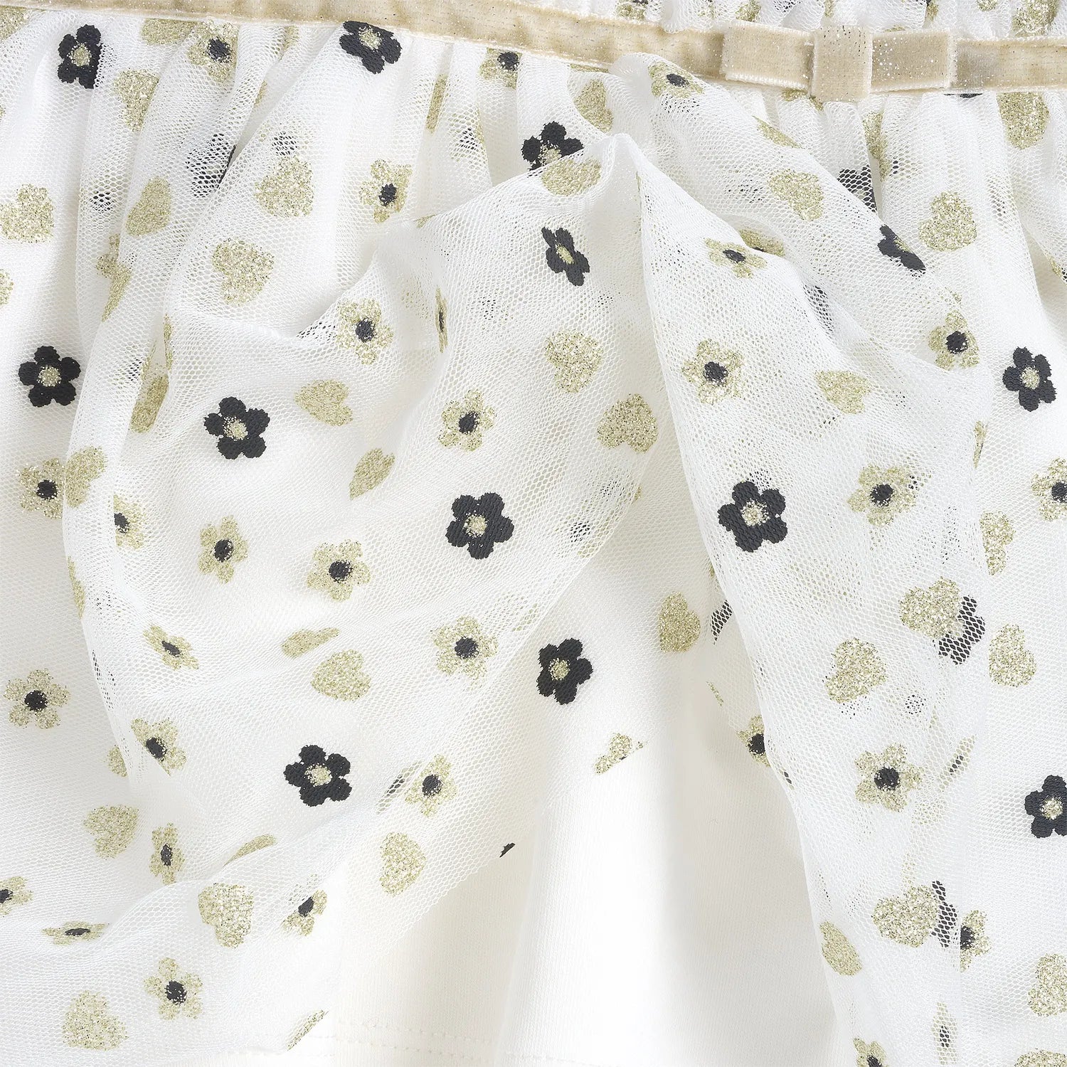 Girls White & Cream Printed Long Sleeve Dress