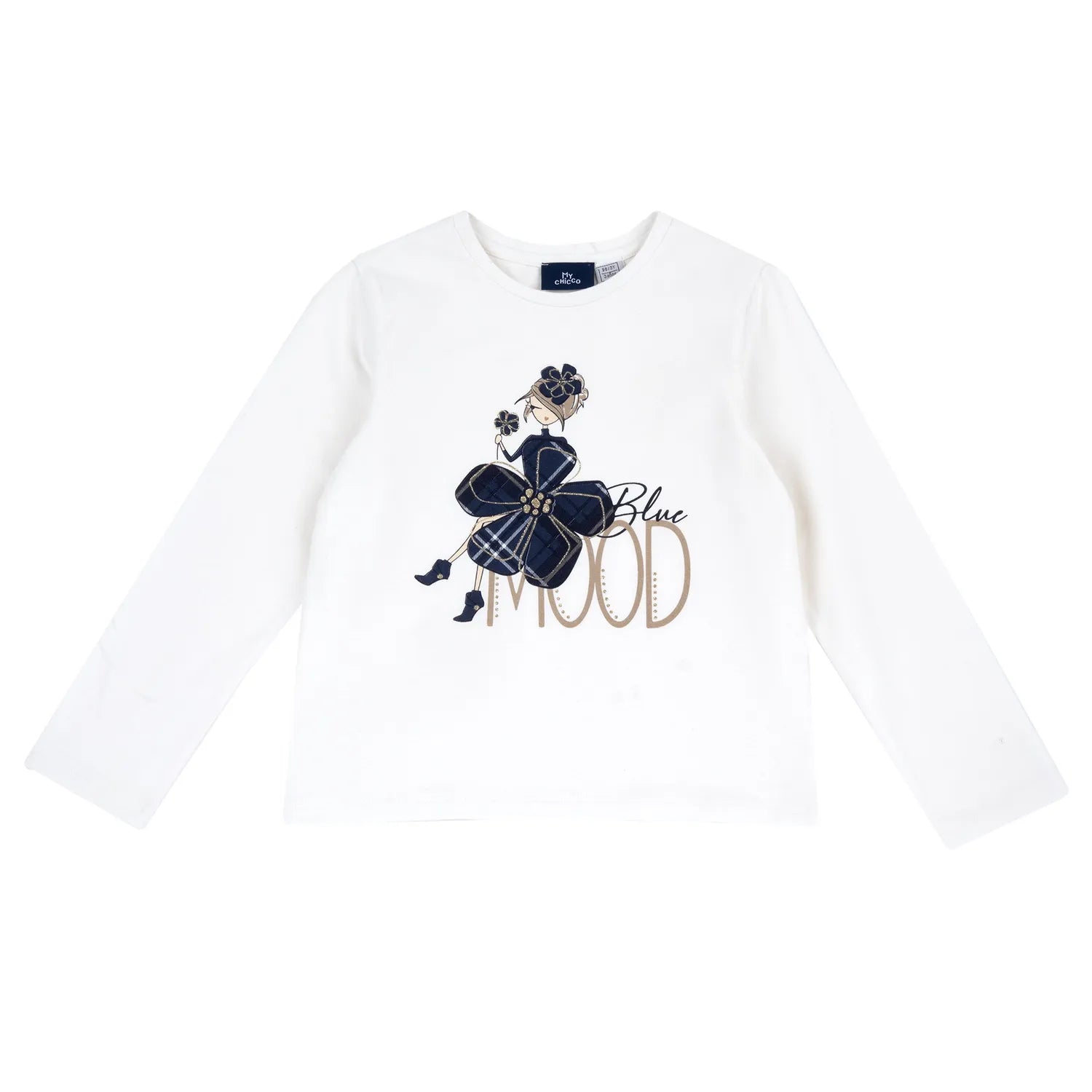Girls White & Navy Printed Long Sleeve T-shirt