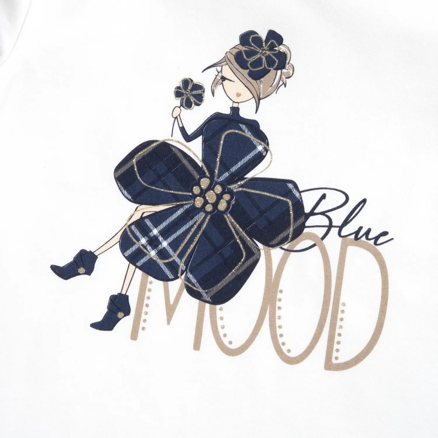 Girls White & Navy Printed Long Sleeve T-shirt