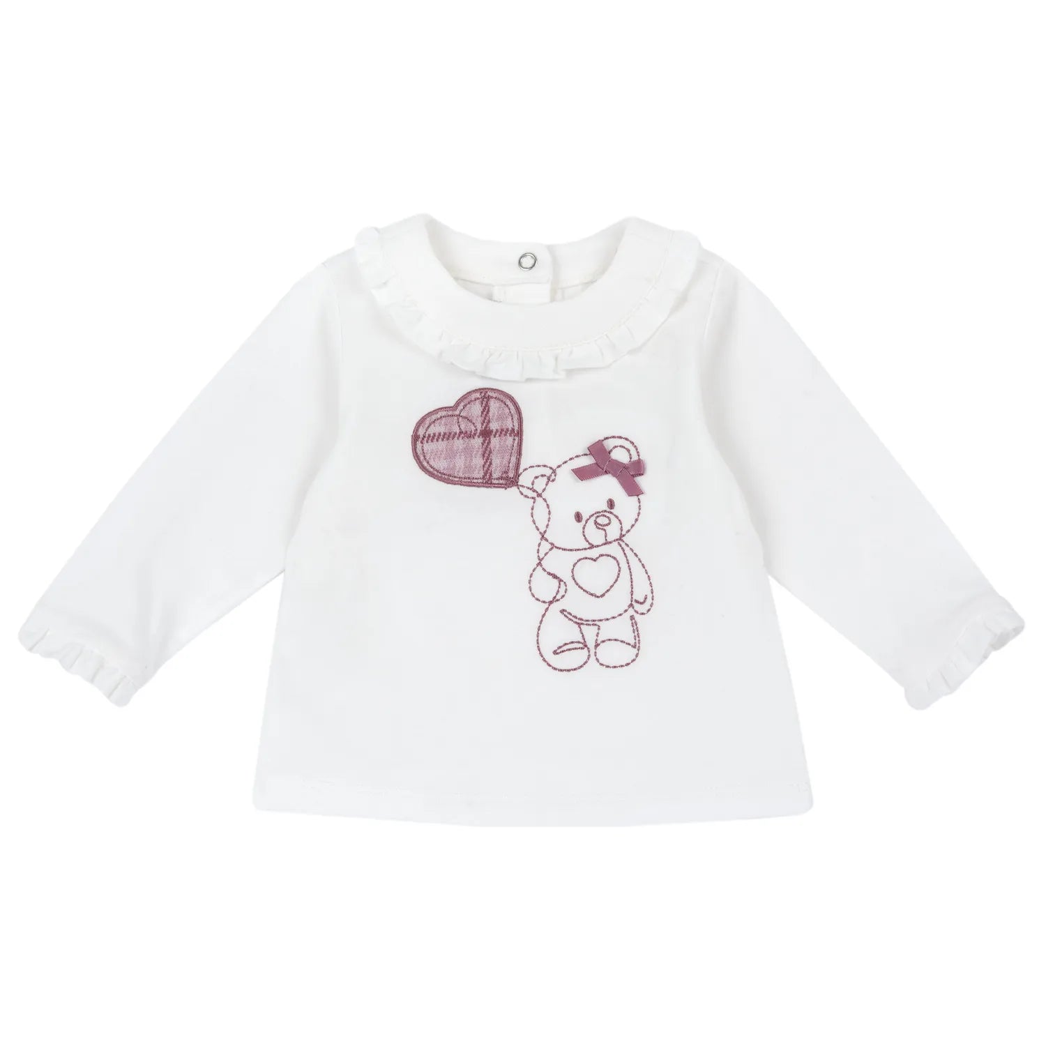 Girls White & Pink Embroidered Long Sleeve Top
