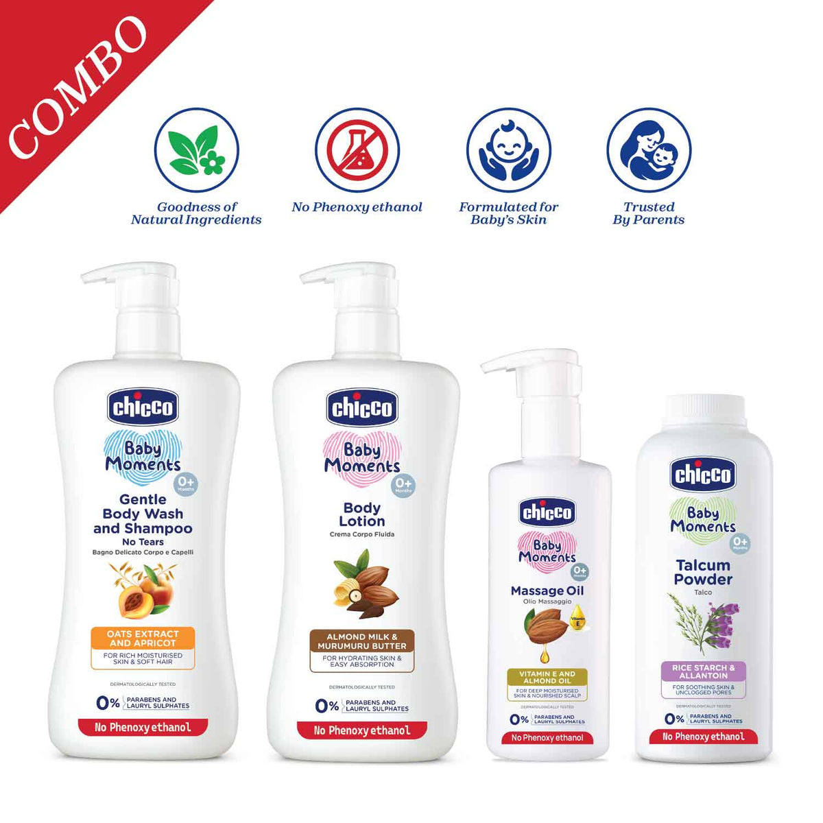 Gentle Bodywash &amp; Shampoo 500ml, Body Lotion 500ml, Massage Oil 300ml &amp; Talcum Powder 300g