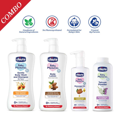 Gentle Bodywash &amp; Shampoo 500ml, Body Lotion 500ml, Massage Oil 300ml &amp; Talcum Powder 300g
