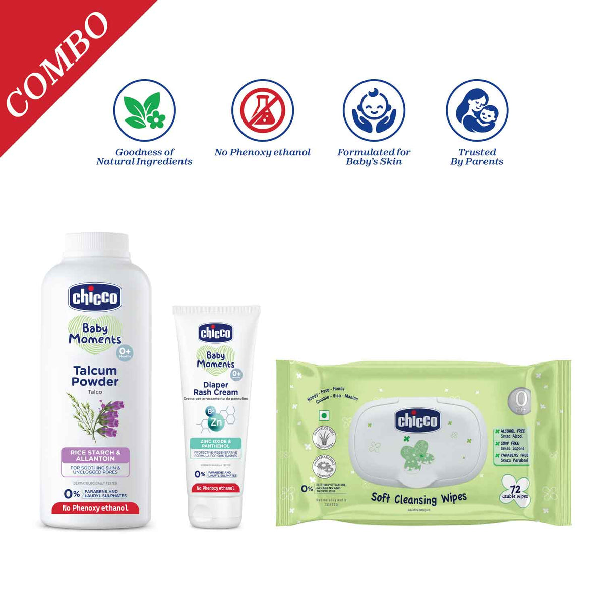Diaper Rash Cream 100g, Talcum Powder 300g &amp; Soft Cleansing Wipes 72Pcs