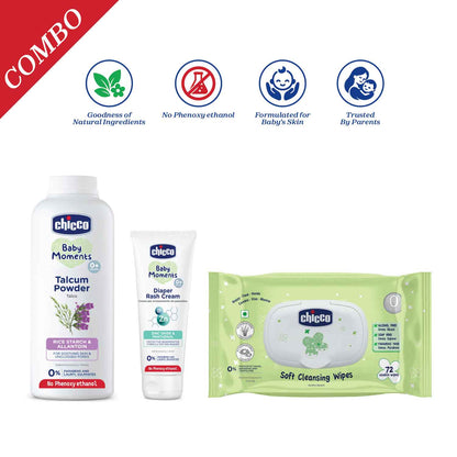 Diaper Rash Cream 100g, Talcum Powder 300g &amp; Soft Cleansing Wipes 72Pcs