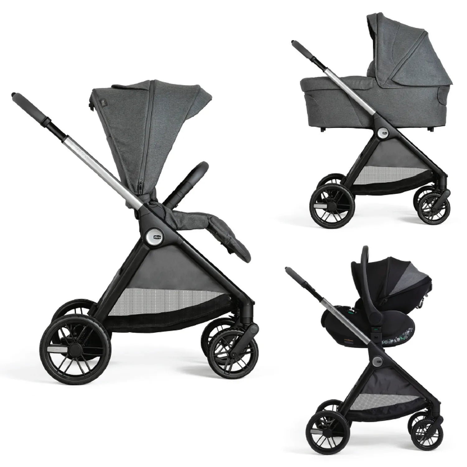 Bellagio Stroller Black Satin + Kory Plus Baby Car Seat Black Satin + Gran Comfort Carrycot Black Satin