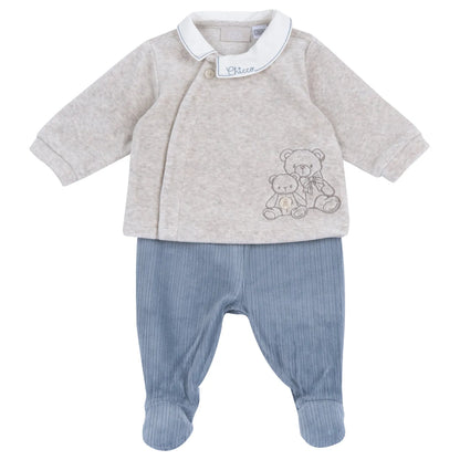 Boys Beige &amp; Blue Embroidered Smock with Legging