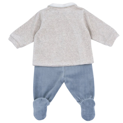 Boys Beige &amp; Blue Embroidered Smock with Legging