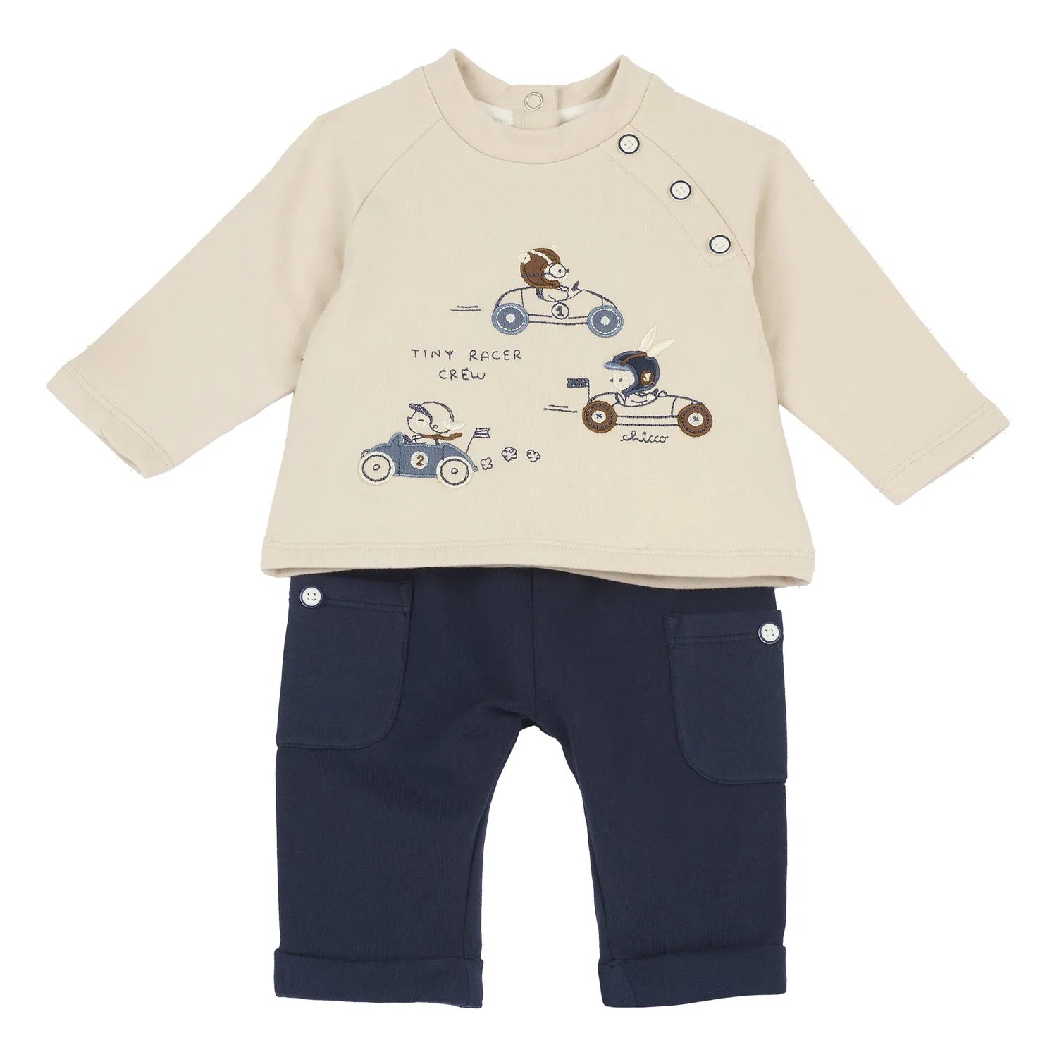 Boys Beige &amp; Blue Embroidered T-shirt with Trouser