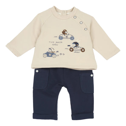 Boys Beige &amp; Blue Embroidered T-shirt with Trouser