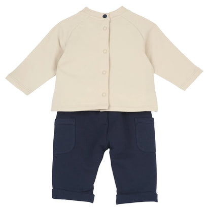 Boys Beige &amp; Blue Embroidered T-shirt with Trouser