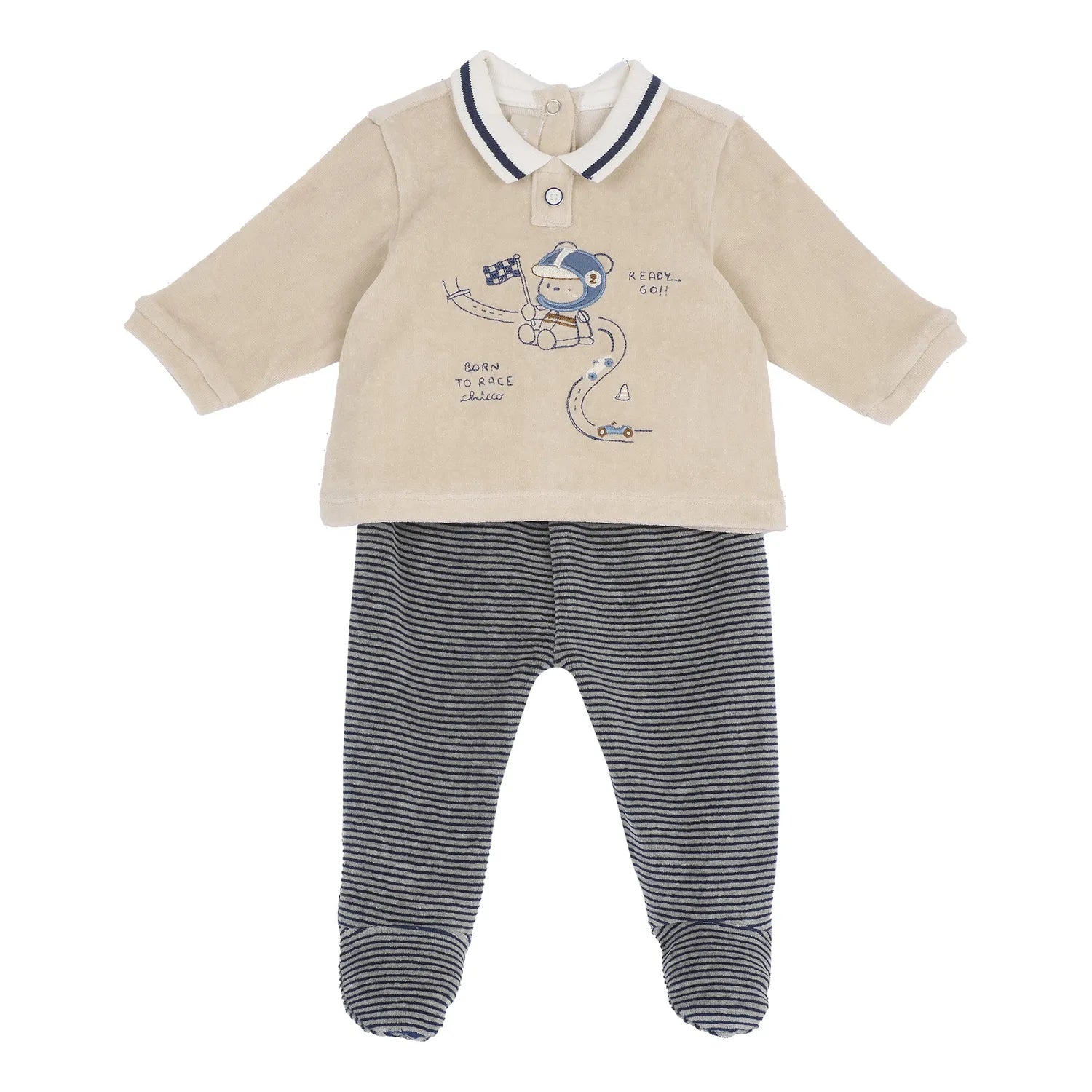Boys Beige &amp; Grey Embroidered Smock with Legging