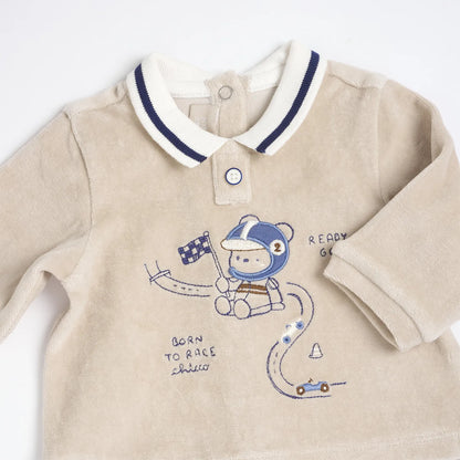 Boys Beige &amp; Grey Embroidered Smock with Legging