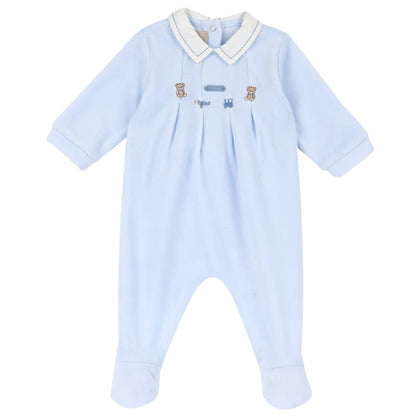 Boys Light Blue Embroidered Nappy Opening Babysuit