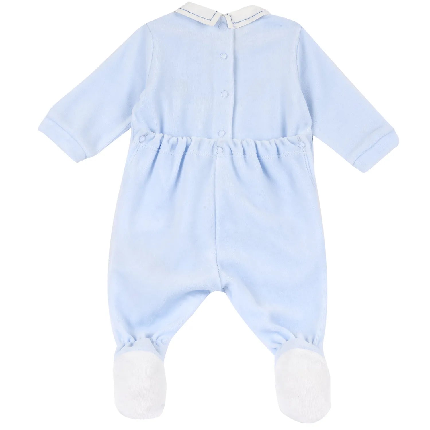 Boys Light Blue Embroidered Nappy Opening Babysuit