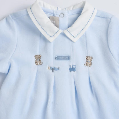 Boys Light Blue Embroidered Nappy Opening Babysuit