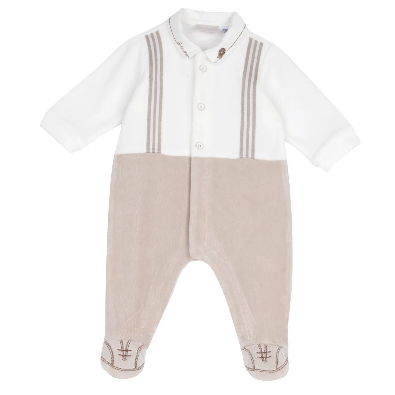 Boys Light Natural Embroidered Front Opening Babysuit
