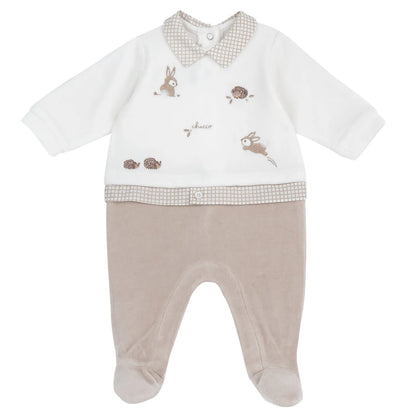 Boys Light Natural Embroidered Leg Opening Babysuit