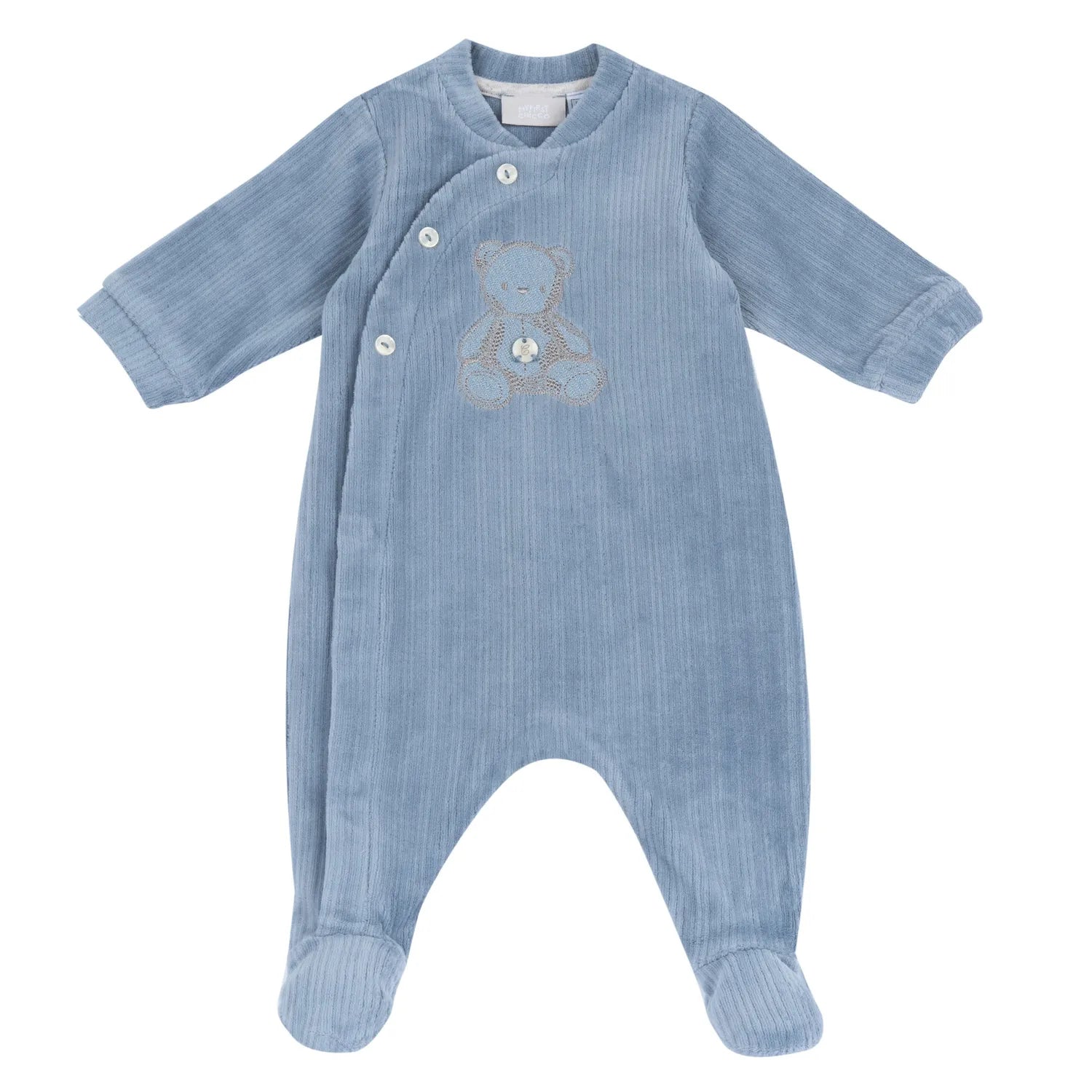 Boys Medium Light Blue Embroidered Front Opening Babysuit
