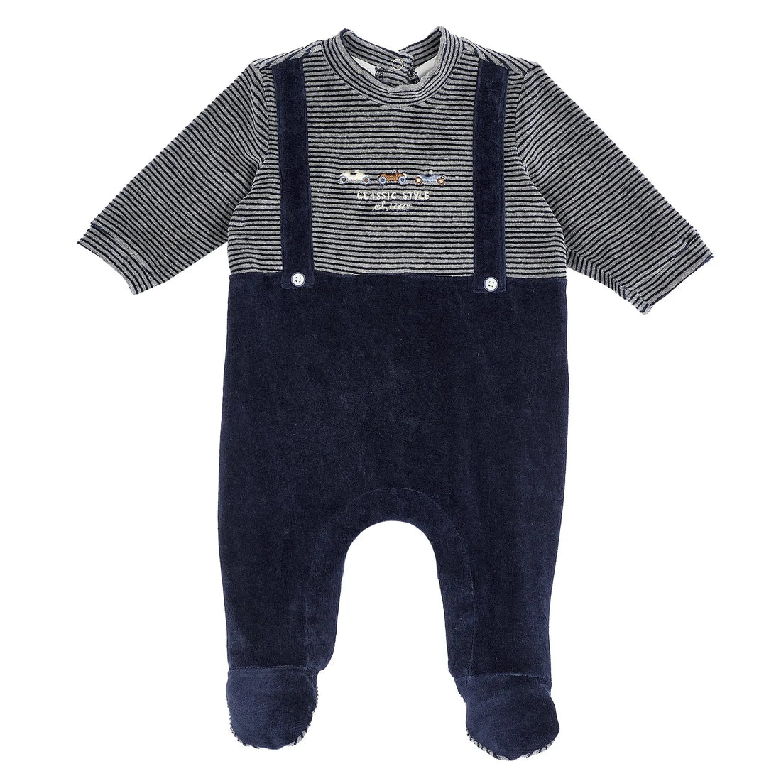 Boys Navy Blue Striped Velour Leg Opening Babysuit