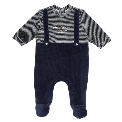 Boys Navy Blue Striped Velour Leg Opening Babysuit