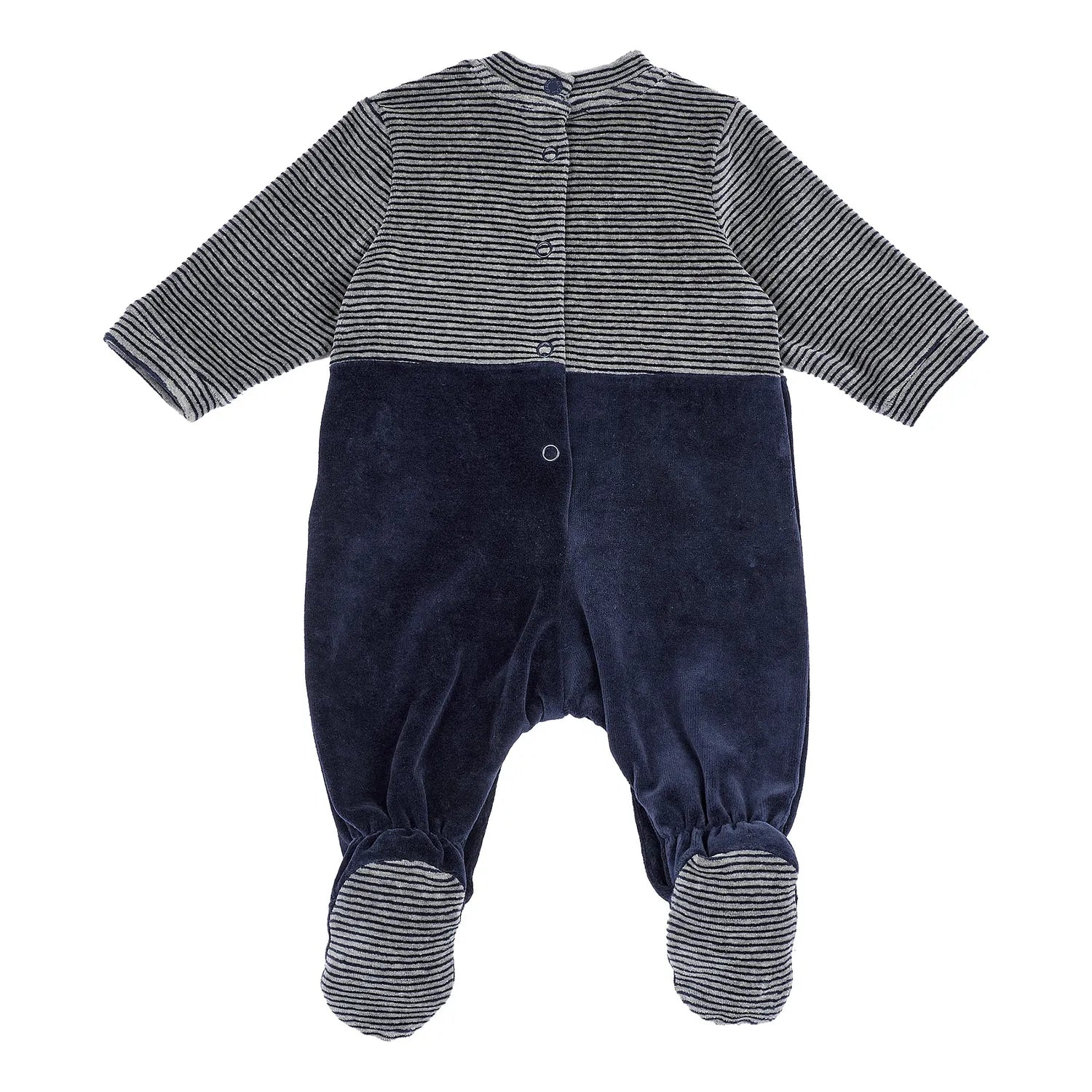 Boys Navy Blue Striped Velour Leg Opening Babysuit