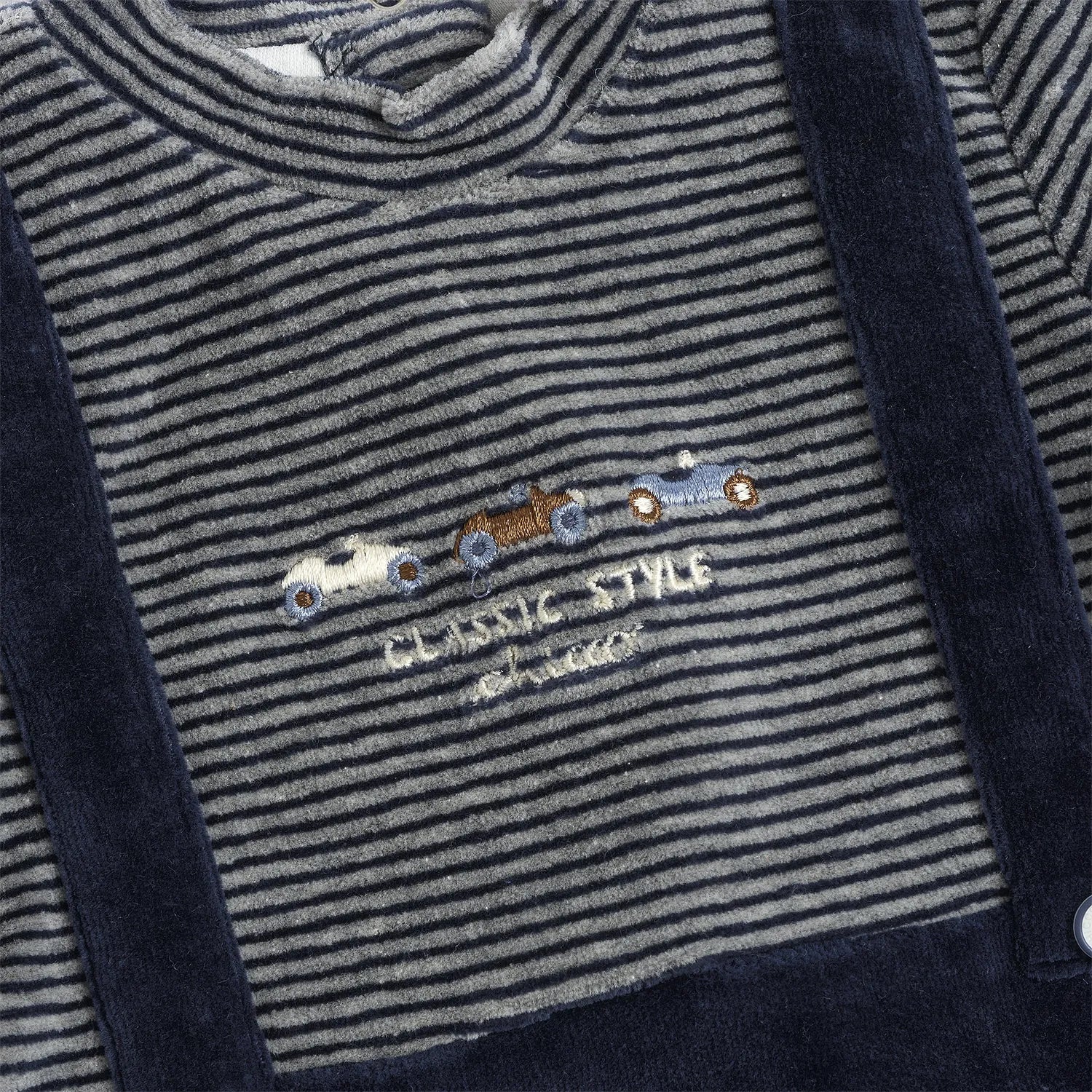 Boys Navy Blue Striped Velour Leg Opening Babysuit