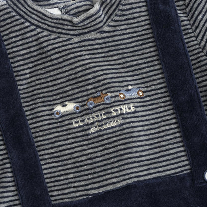 Boys Navy Blue Striped Velour Leg Opening Babysuit
