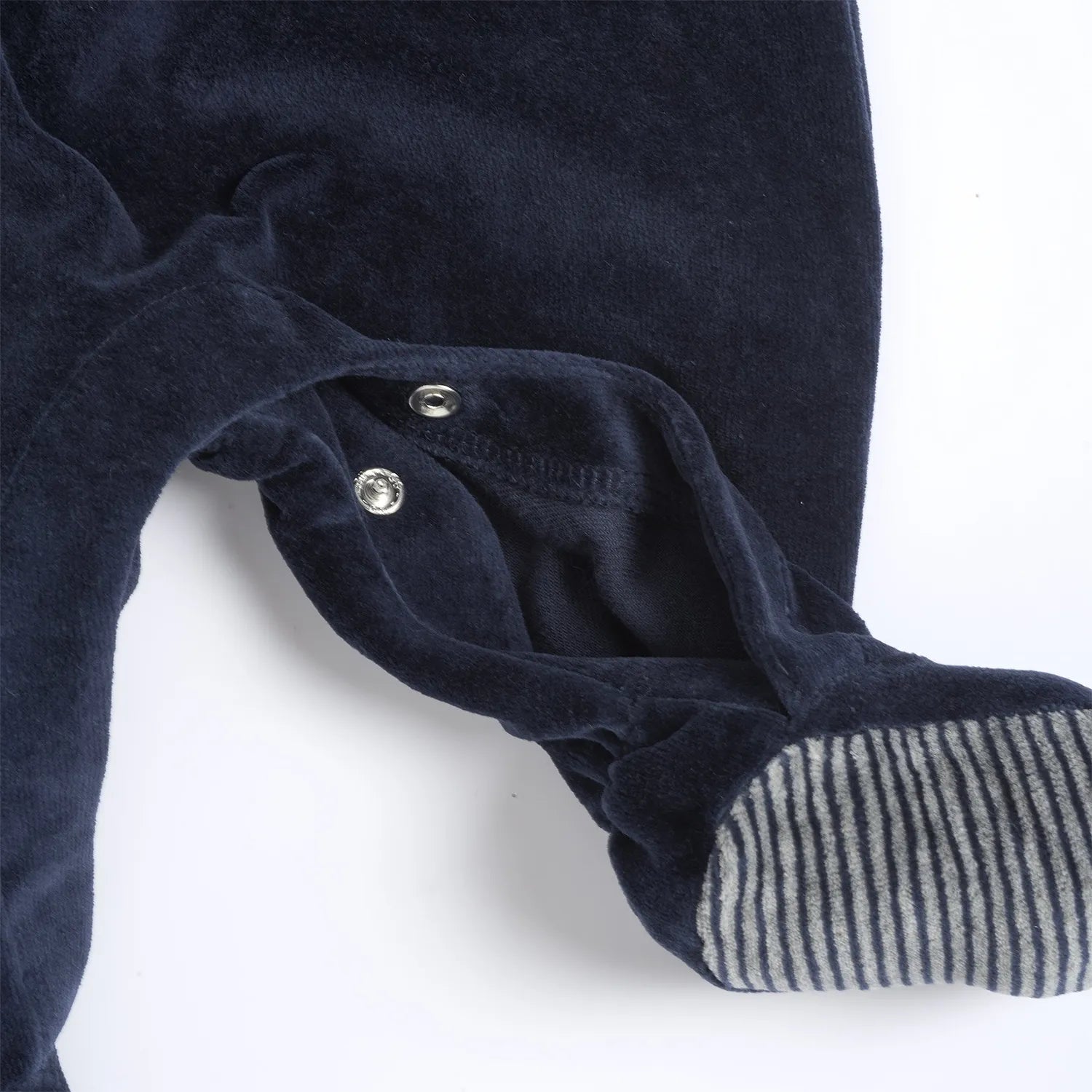 Boys Navy Blue Striped Velour Leg Opening Babysuit