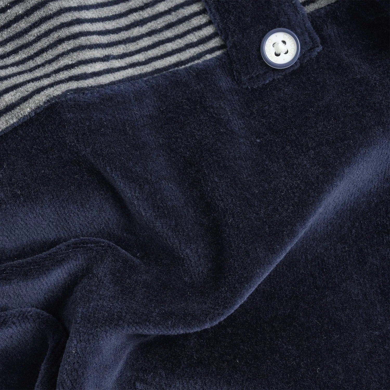 Boys Navy Blue Striped Velour Leg Opening Babysuit