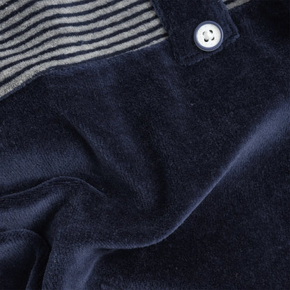 Boys Navy Blue Striped Velour Leg Opening Babysuit