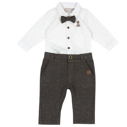 Boys White &amp; Brown Knitted Shirt with Trouser