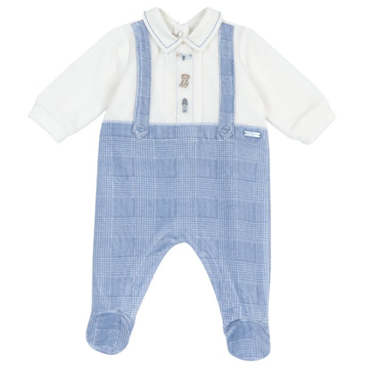 Boys White &amp; Light Blue Embroidered Leg Opening Babysuit