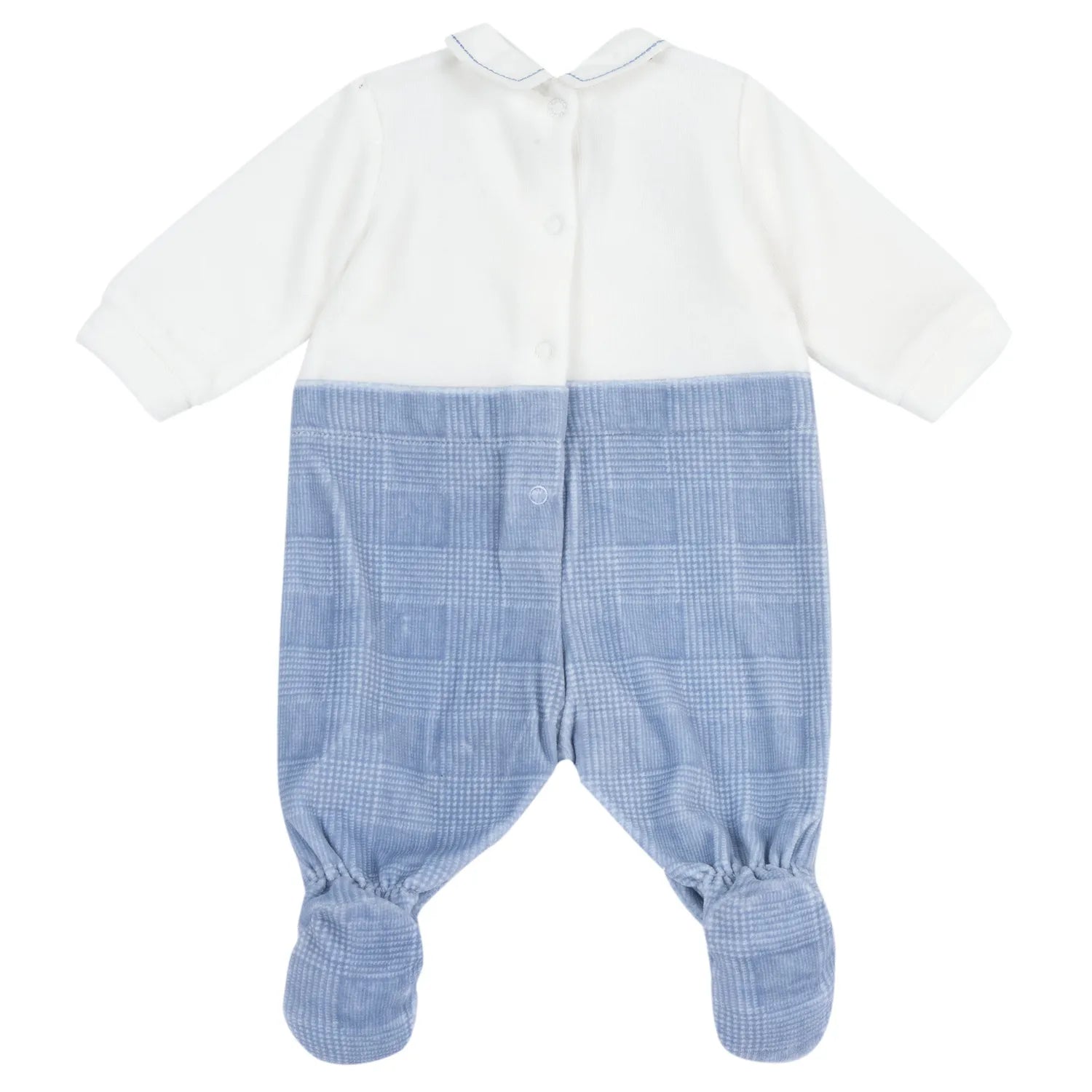 Boys White &amp; Light Blue Embroidered Leg Opening Babysuit