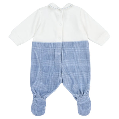 Boys White &amp; Light Blue Embroidered Leg Opening Babysuit