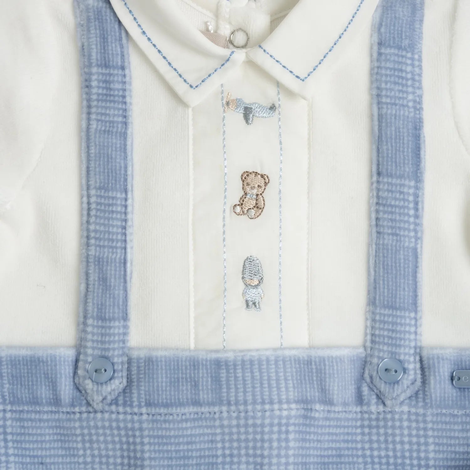 Boys White &amp; Light Blue Embroidered Leg Opening Babysuit