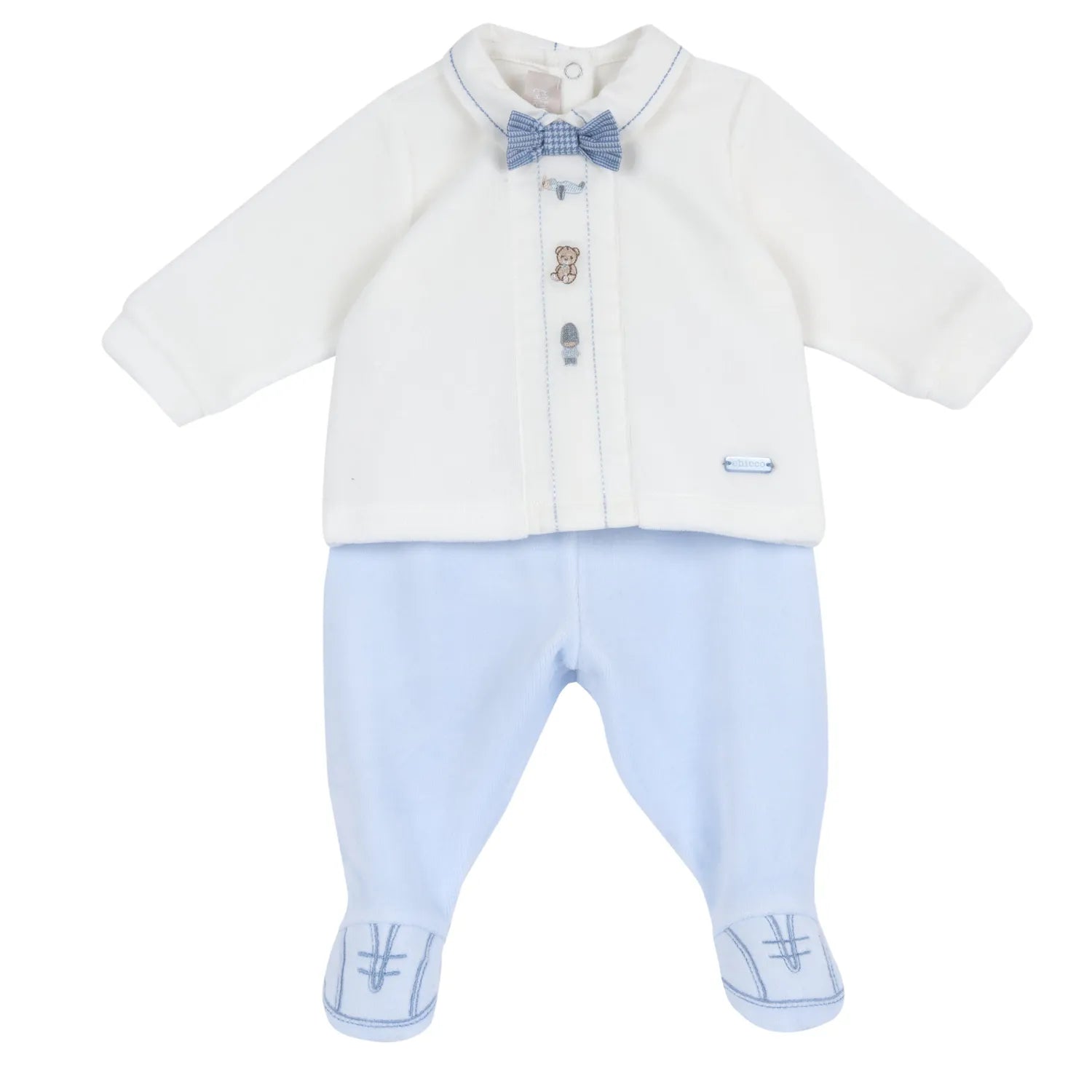 Boys White &amp; Light Blue Embroidered Smock with Legging