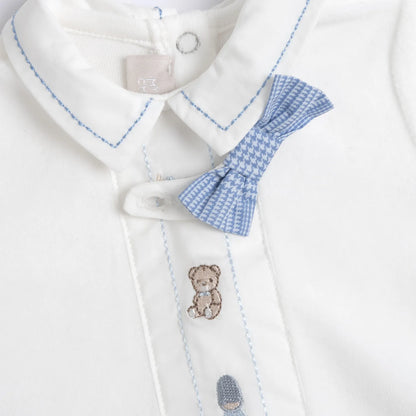 Boys White &amp; Light Blue Embroidered Smock with Legging