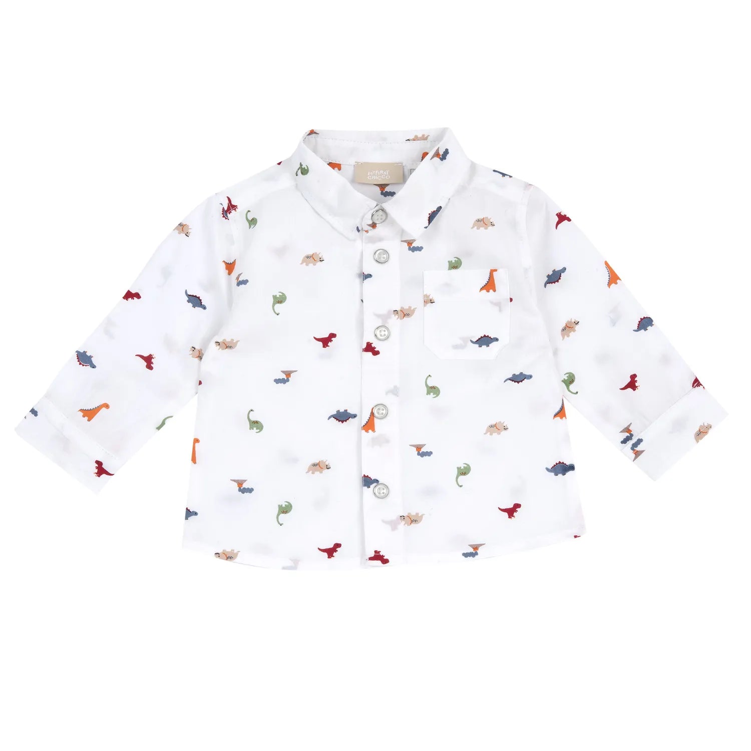 Boys White Dino Printed Long Sleeve Shirt