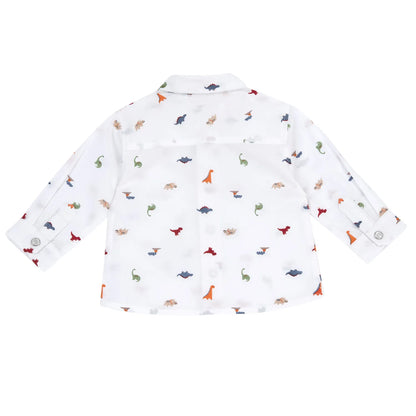 Boys White Dino Printed Long Sleeve Shirt