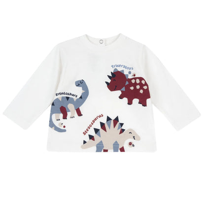 Boys White Dino Printed Long Sleeve T-shirt