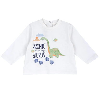 Boys White Dino Typography Printed T-shirt
