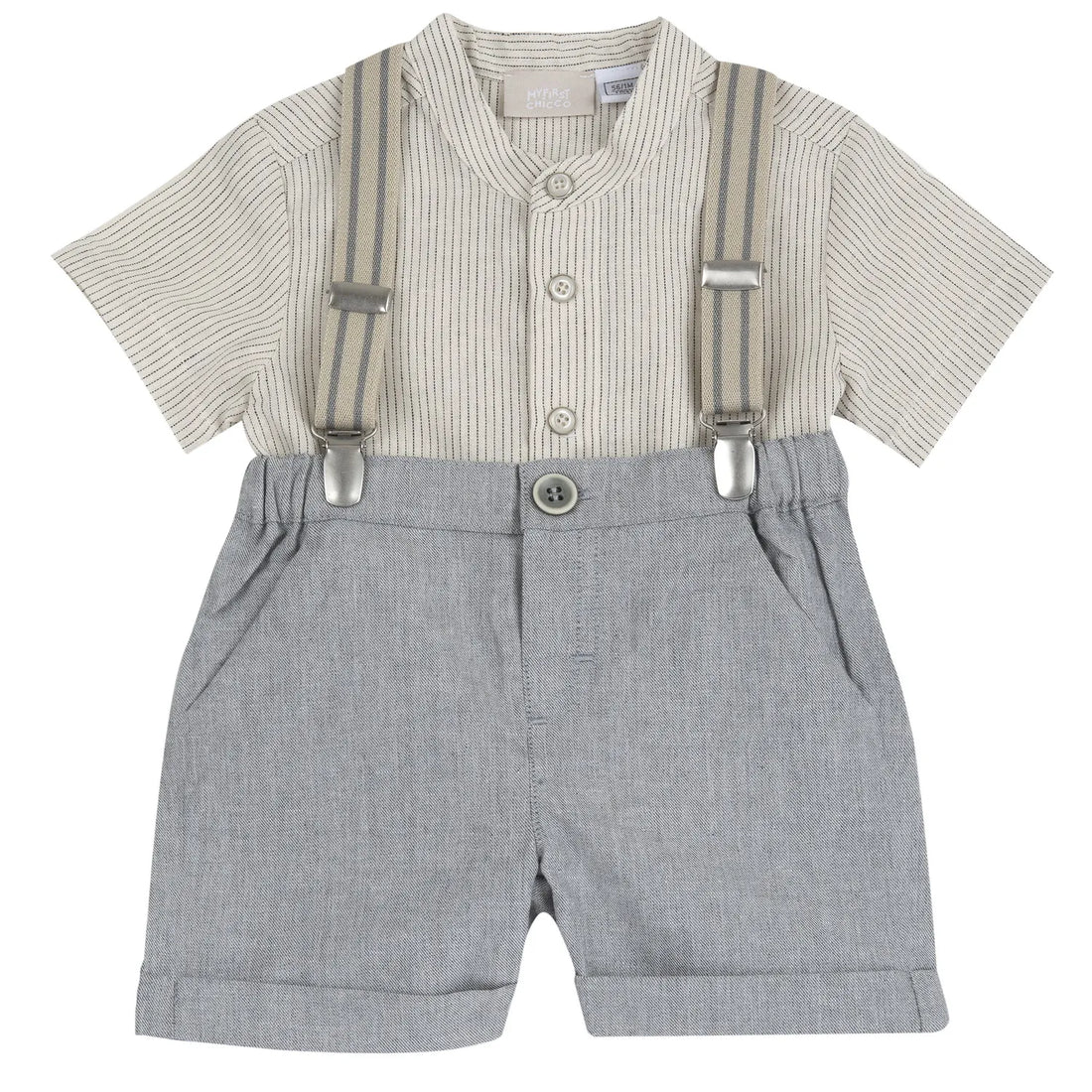 Boys Beige and Grey Striped Shirt with Shorts