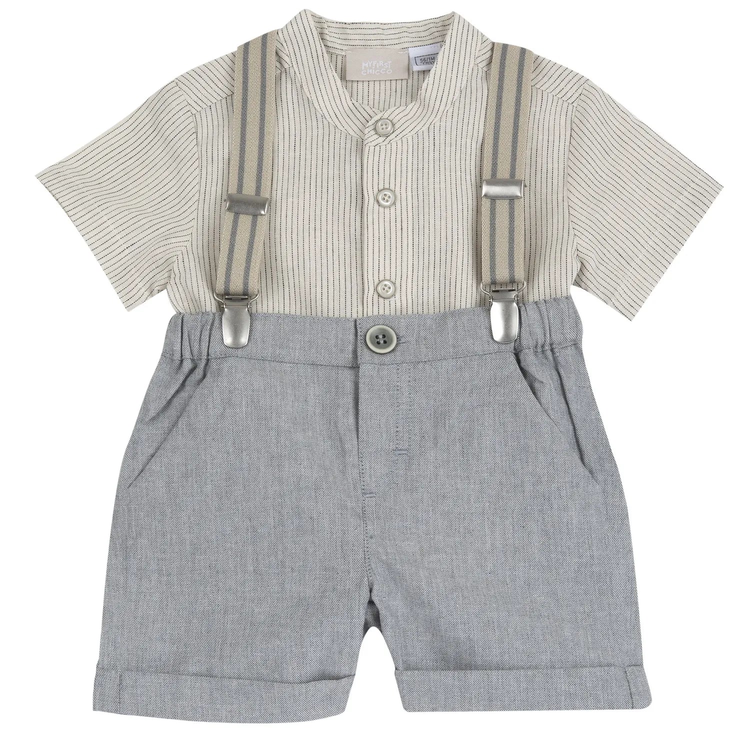 Boys Beige and Grey Striped Shirt with Shorts