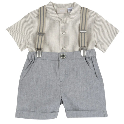 Boys Beige and Grey Striped Shirt with Shorts