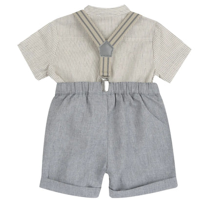 Boys Beige and Grey Striped Shirt with Shorts