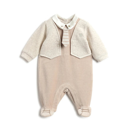 Boys Beige Solid Leg Opening Babysuit