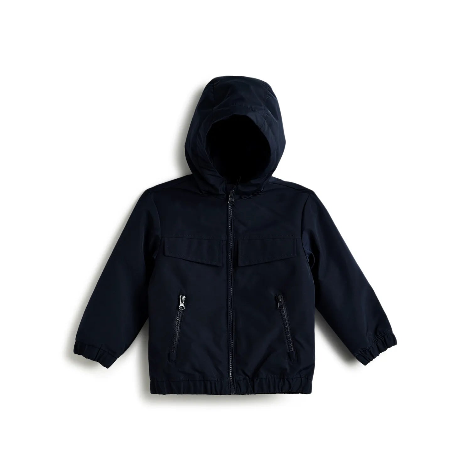 Boys Dark Blue Hooded Solid Jacket
