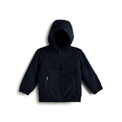 Boys Dark Blue Hooded Solid Jacket